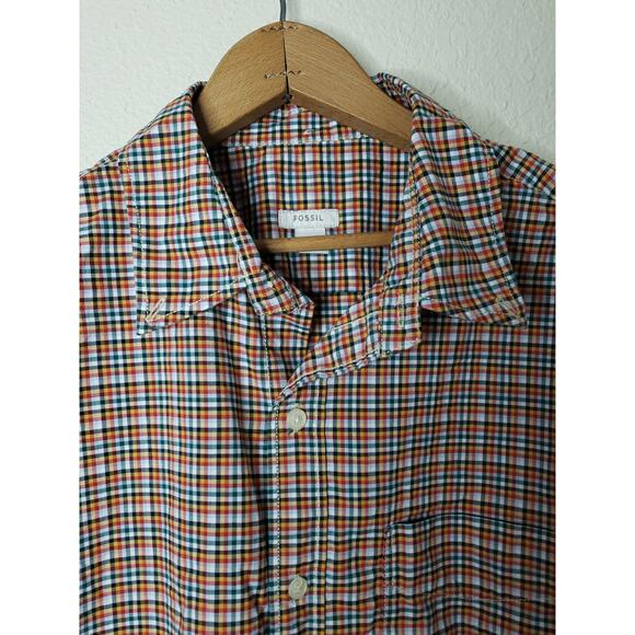 Fossil Men's Long Sleeve Button Down Top Medium Red Yellow Plaid Pocket - Picture 5 of 10